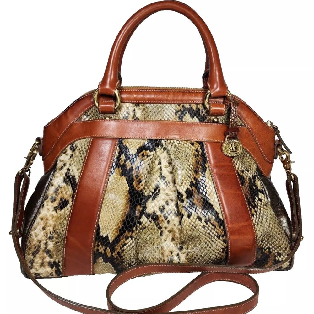 Brahmin Louise Rose Embossed Snakeskin Leather Satchel Handbag Brown Trim Strap